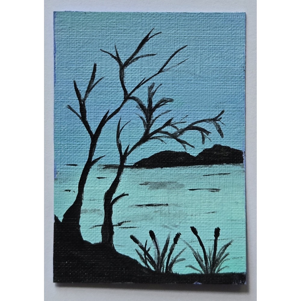 ACEO Original Winter Tree Silhouette Acrylic Painting Mini Landscape Art